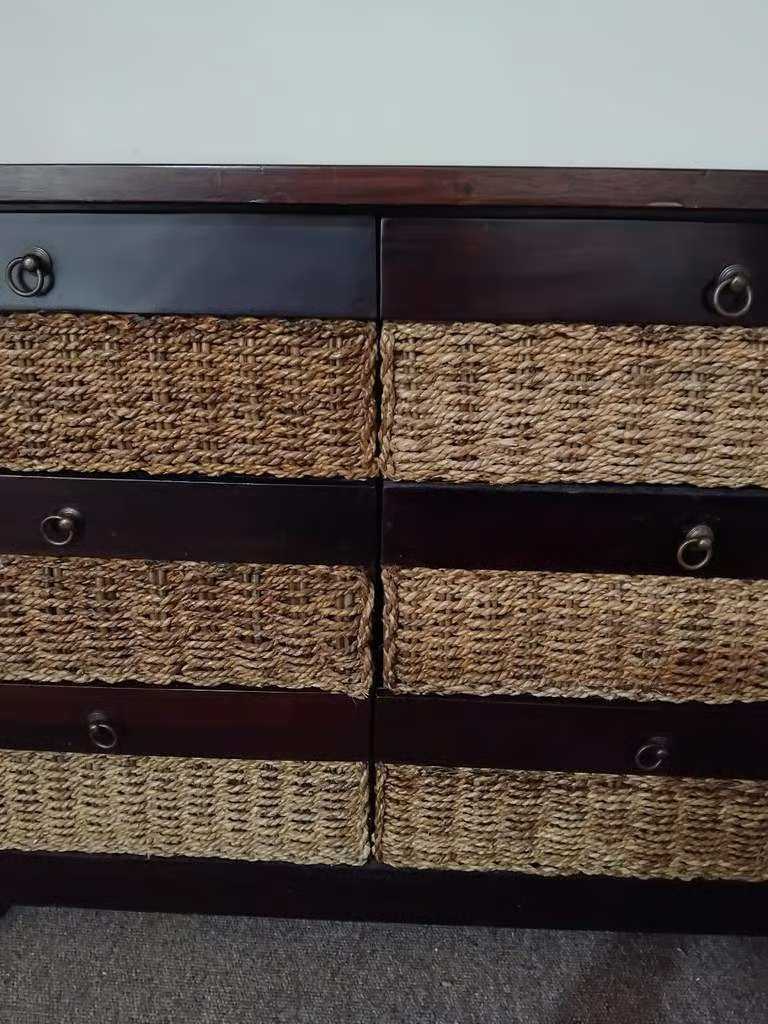 Excellent Quality and Great Condition Heavy Dark Wood and Wicker Chest of Drawers With 6 Drawers