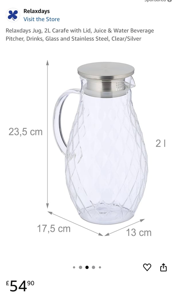 Relaxdays Jug, 2L Carafe with Lid, Juice & Water Beverage Pitcher, Drinks Glass Stainless Steel 