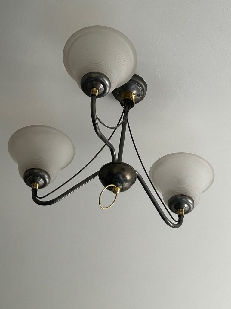 Satin Nickel & Brass Trim Glass Shades 3 Arm Ceiling Light 