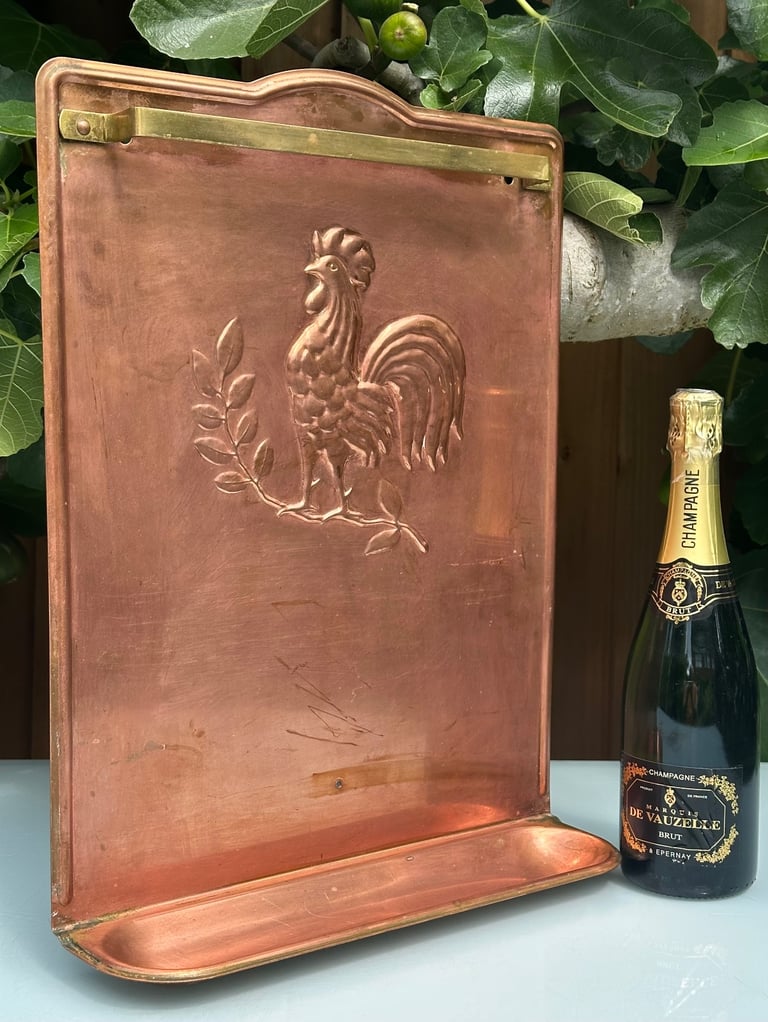 VINTAGE FRENCH COPPER KITCHEN UTENSIL RACK, COQ, COCKEREL HANGING RAIL - 49x37cm - WILL POST!