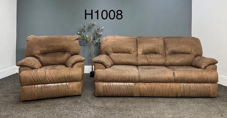image for SCS Brown Suede 3 Seater Sofa & Power Recliner Armchair