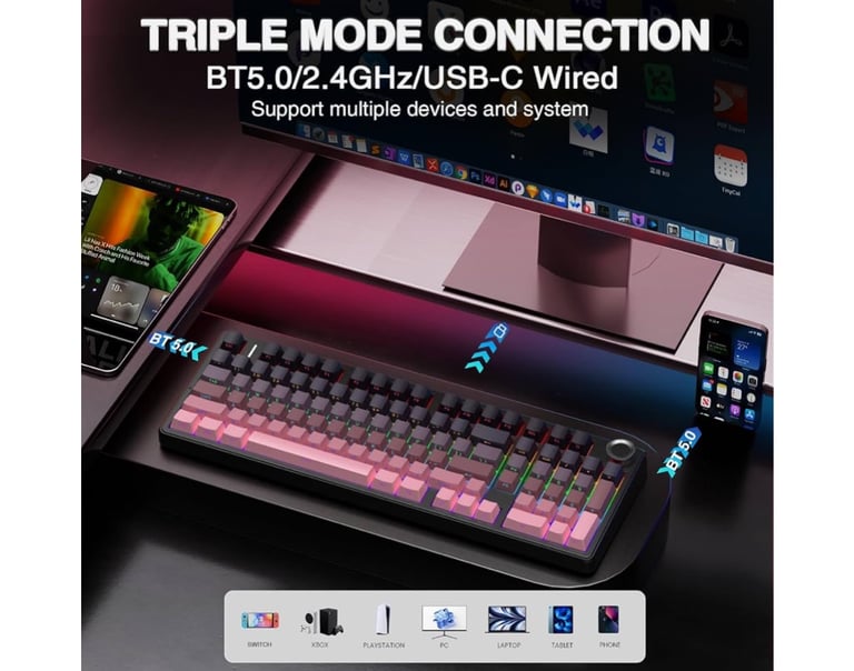 Wireless Gaming Keyboard,Tri-mode Mechanical Keyboard Wireless with Control