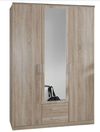 Brand New - Duo 3 Door 2 Drawer Mirrored Wardrobe - Oak