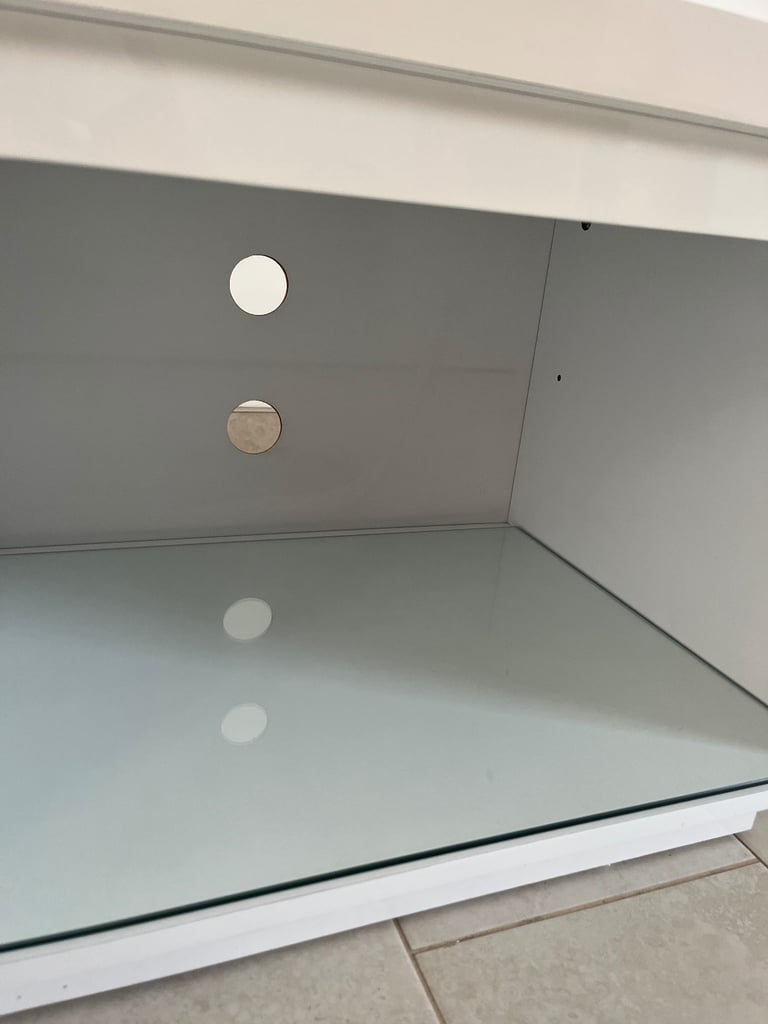 White TV Stand with Cupboard and Glass Shelf