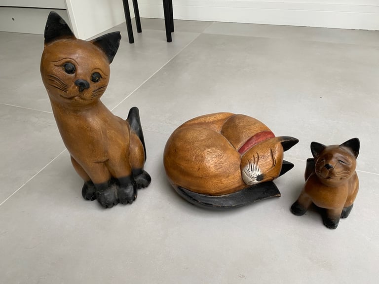 image for Hand Carved Wooden Cats Set of 3