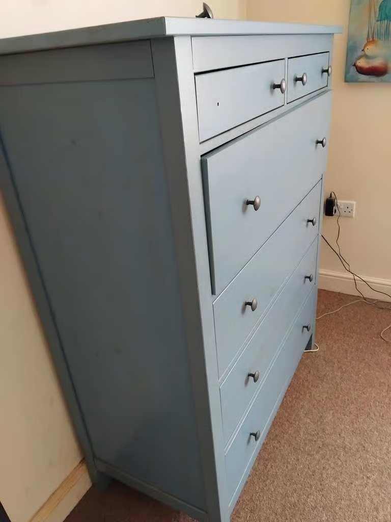 A Very Large, Tall and Heavy, Light Blue Wooden Chest of 6 Drawers, for Bedroom or Other Rooms