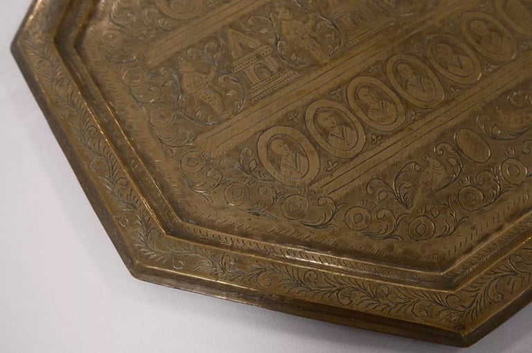 Share Antique Vintage Indian Carved Hammered Brass Tray Hexagonal 1.85kg Birds Monks