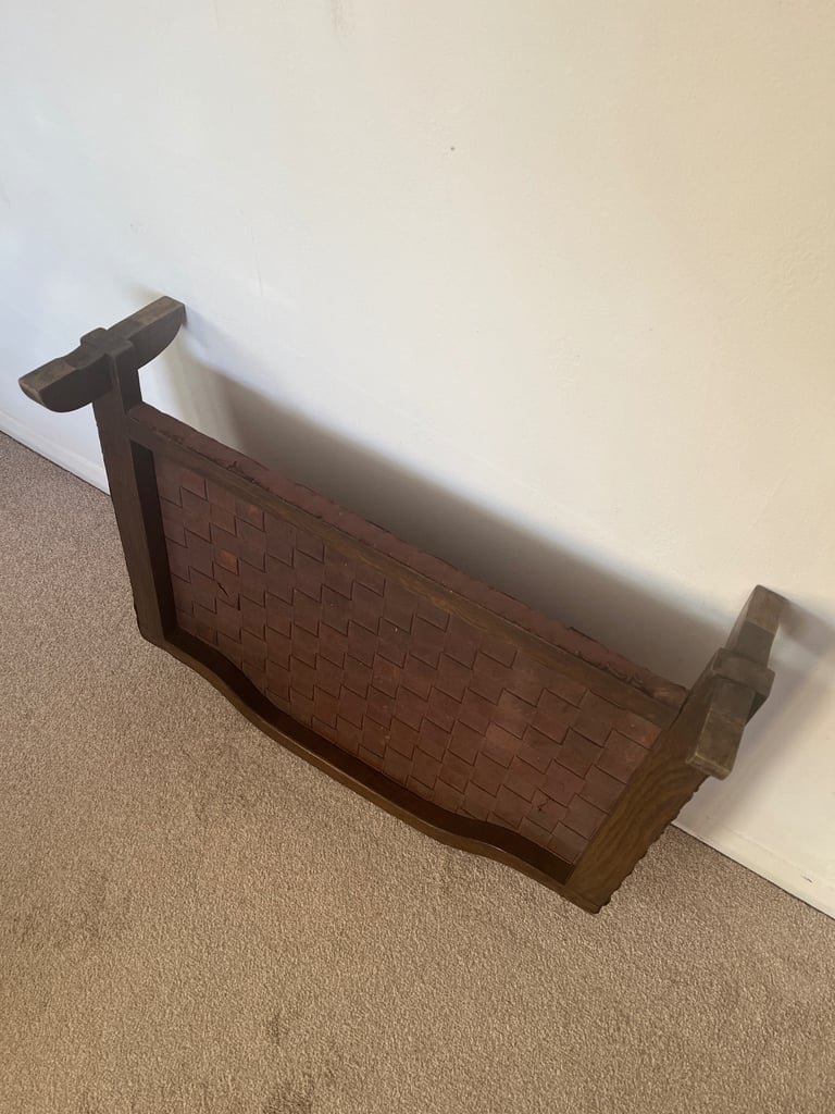 Arts and Crafts Oak and Woven Studded Leather Fire Screen. 