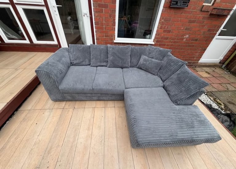 Large Grey Corner Sofa – Comfy L-Shaped Cord Couch with Chaise – Delivery Available