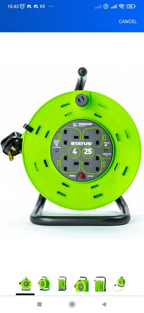 image for STATUS 4 Socket Cable Reel, 25m, Green, 13 Amp, Thermal Cut Out, Heavy Duty, Outdoor Extension Lead