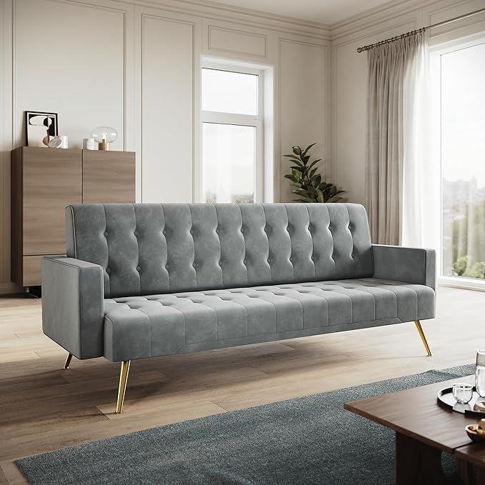 New Grey Velvet Sofa Bed 3 Seater with Square Armrest and Legs RRP £250 Our Price £195