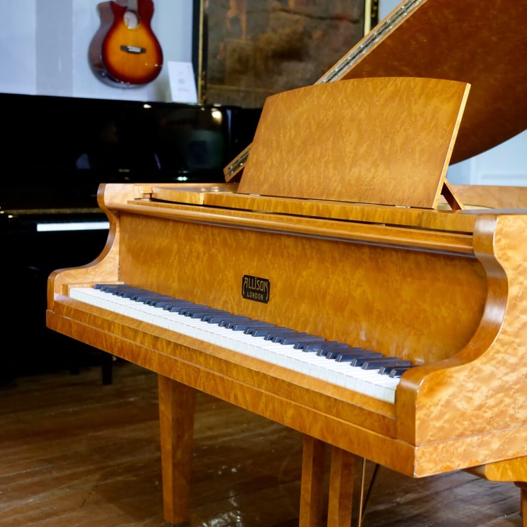 Art Deco Allison Baby Grand Piano Bird Eye Case | Delivery, Tuning, Warranty, Stool