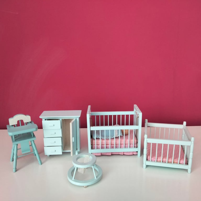Dolls house blue nursery furniture set including baby head 