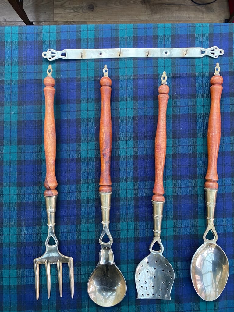 image for Brass and wood kitchen utensil set