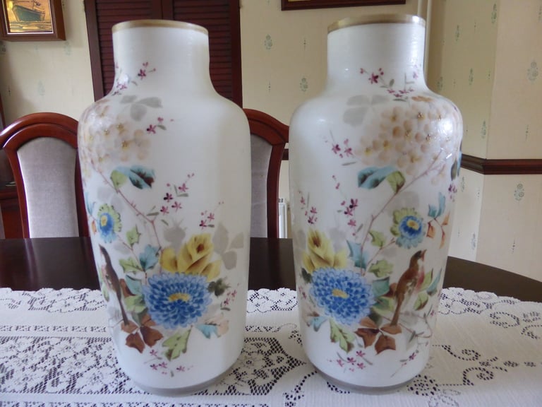 image for Vase, 2 Victorian milk glass vases, mirror image hand painted. Fragile so collection only !. 