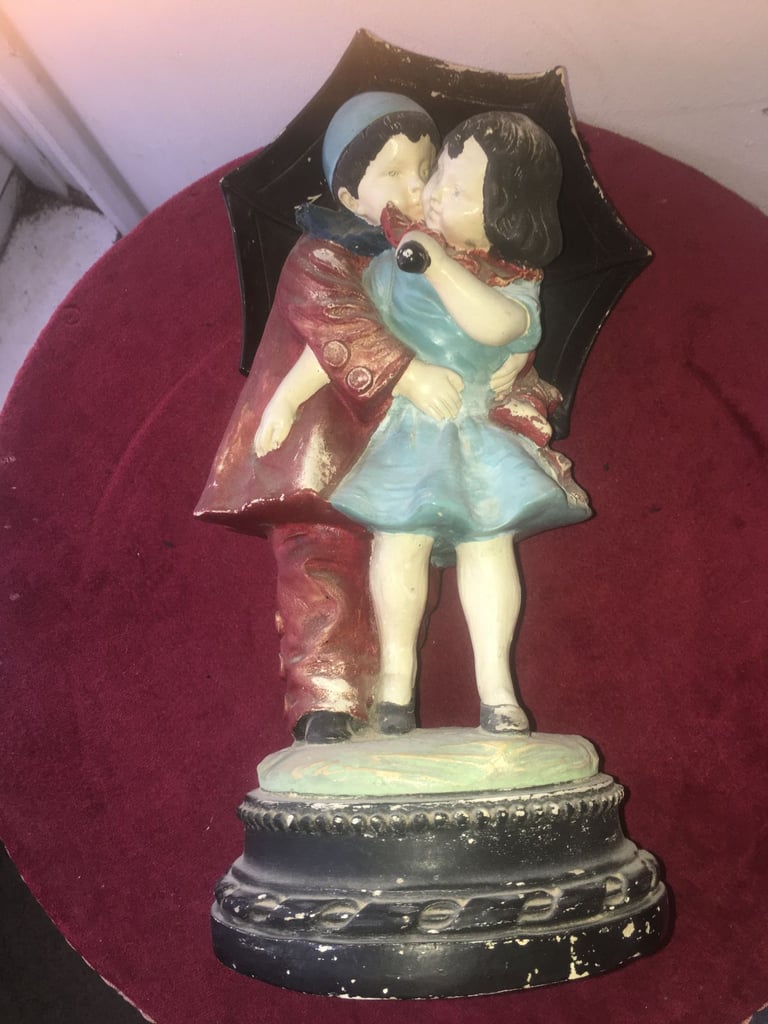 Antique Victorian French Plaster Sculpture 'Boy and Girl Under Umbrella'