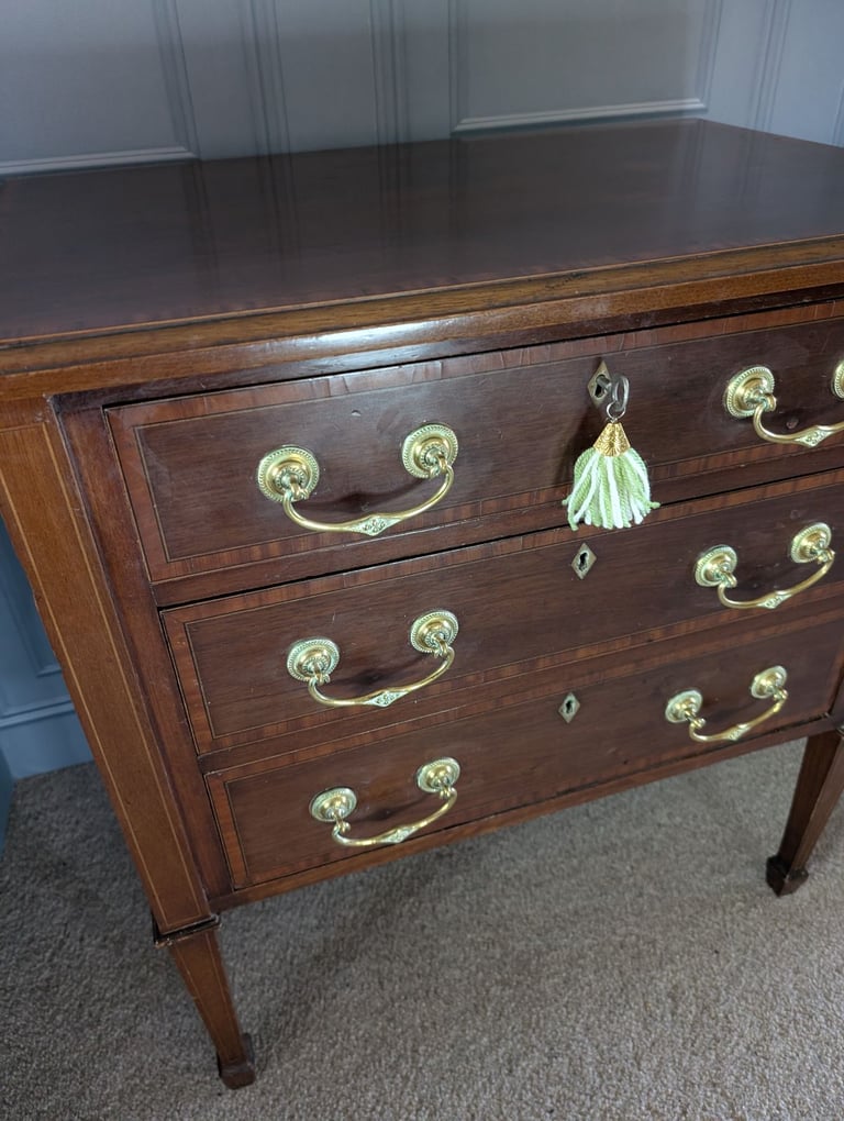 image for Antique inlaid mahogany three drawer chest on legs