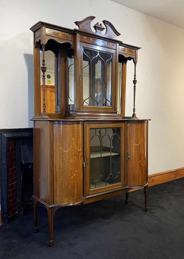 Fine Edwardian Mahogany & Satinwood Marquetry Glazed Sideboard Display Cabinet