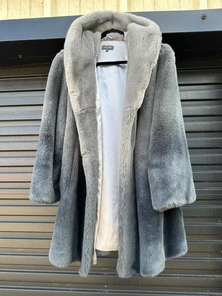 image for Blue grey faux fur 3/4 length coat. Fully lined, Pied a Terre, size 14