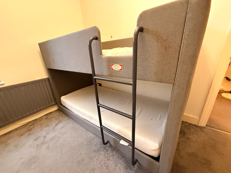 Grey Upholstered Bunk Bed with Mattresses – Quick Sale