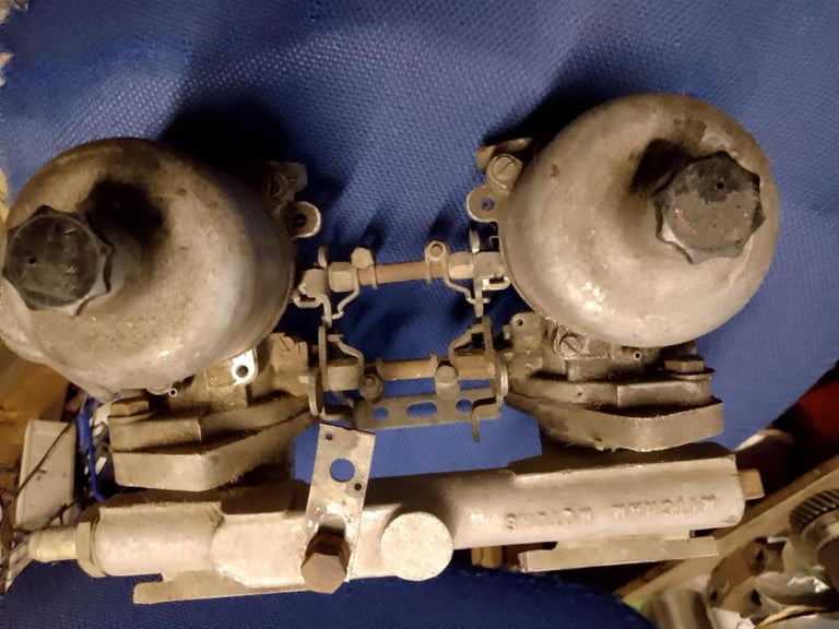 PAIR OF 1.5 inch HS4 CARBURETTERS AND LINKAGES ON A MINI MANIFOLD WITH AIR FILTERS