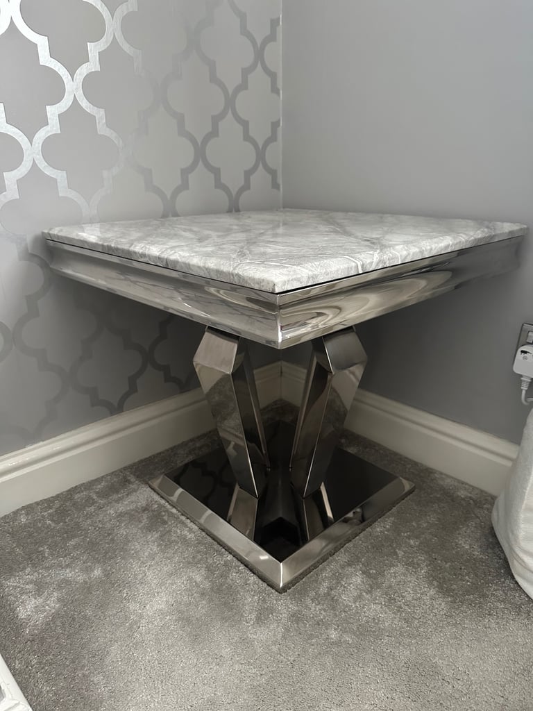 Chrome Based Billowed Leg Marble Top Side Table – Grey Marble