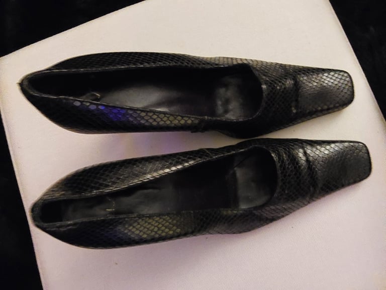 image for Elegant Black Leather Snake skin Pattern Womens Court Shoe. With Unusual Heel 2.5 inch. 5/38