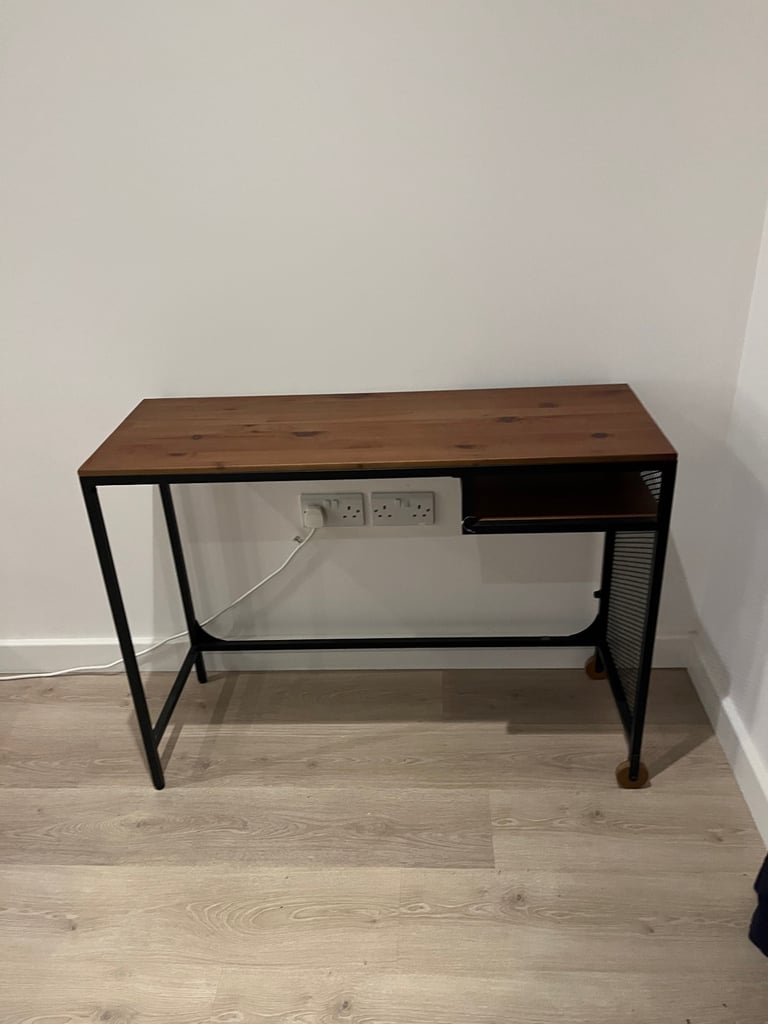 Industrial-Style Desk / Console Table – Solid Wood & Black Metal Frame