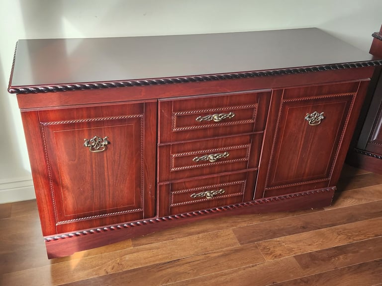 image for Solid Wood Mahogany Sideboard Cupboard & Drawers Unit with Carving & Brass Pulls