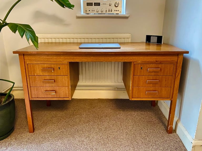 image for Vintage Mid-Century Solid Wood Desk – 6 Drawers
