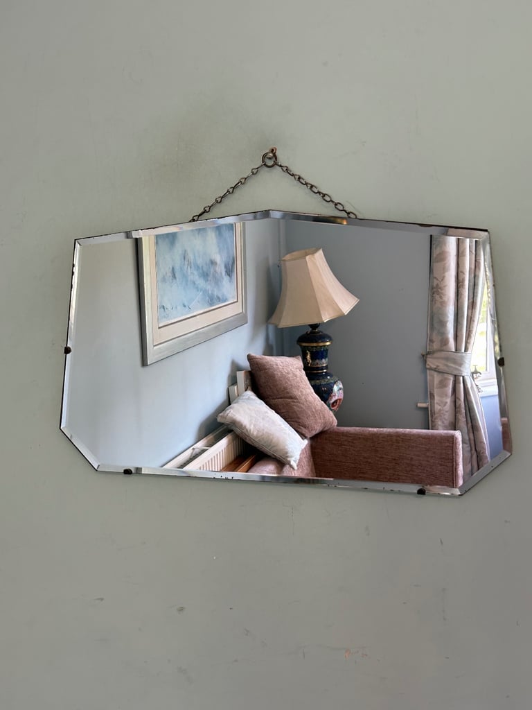image for Unusual Vintage Pretty Design Bevelled Mirror  Showing signs of age H14in/36cm W24in/61cm   C641