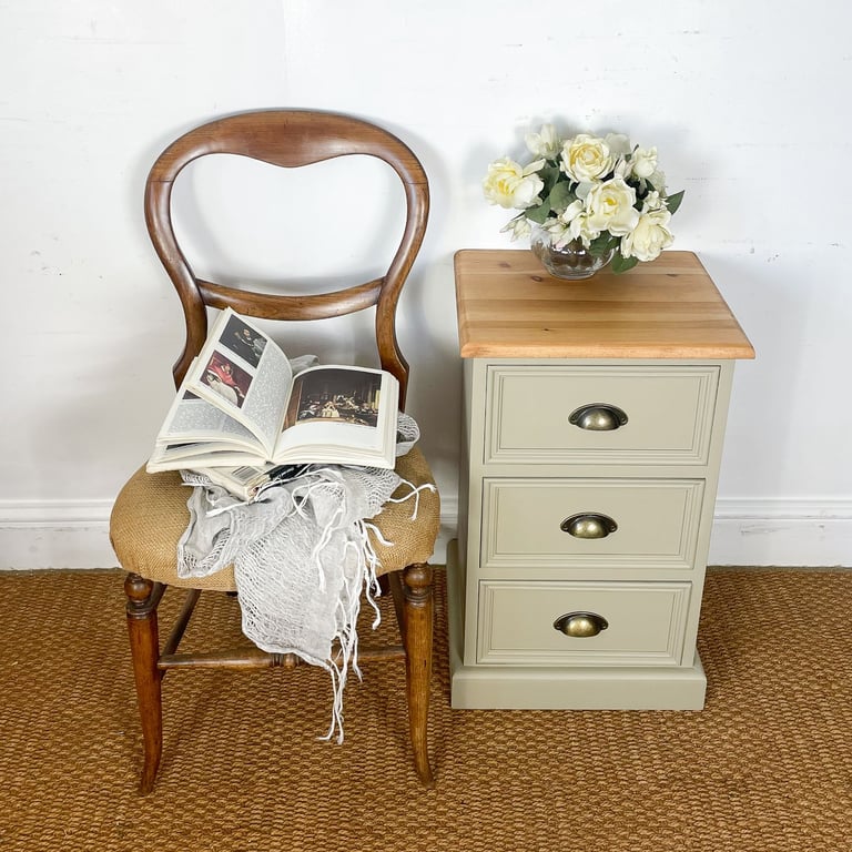 Chunky single solid pine bedside table chest of drawers painted creamy stone