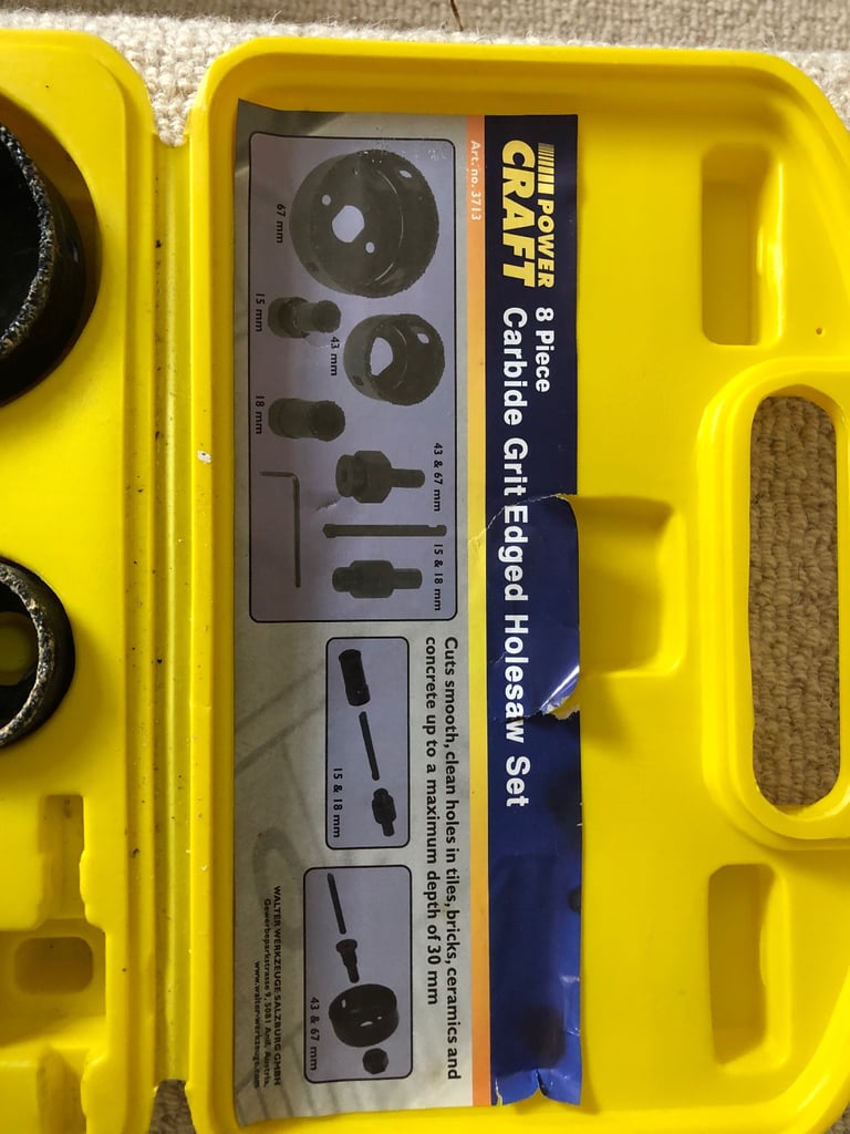 Powercraft 8 piece Carbide Grit Edged Holesaw set  In Yellow Carry Case 