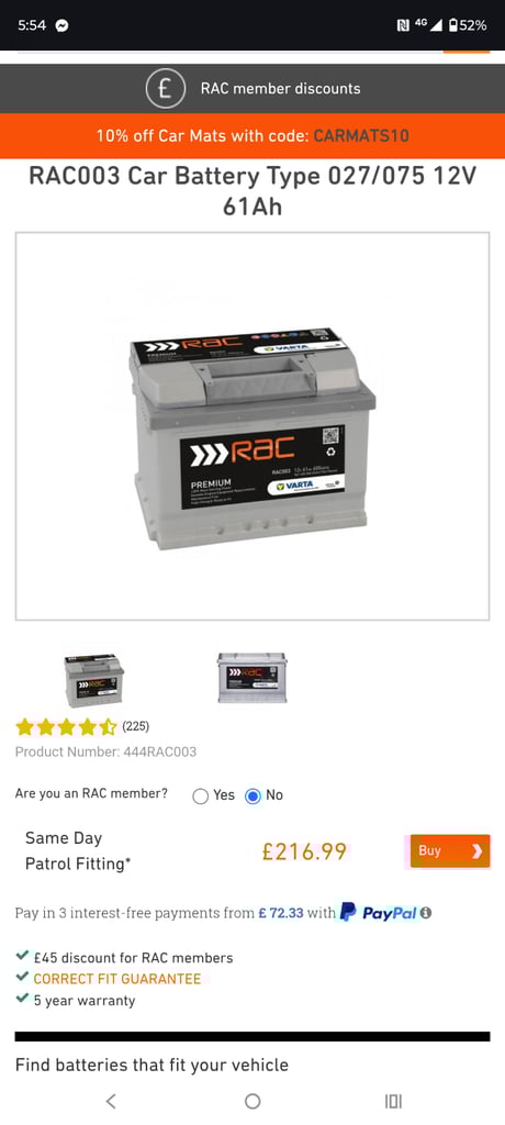 RAC003 Car Battery Type 027/075 12V 61Ah