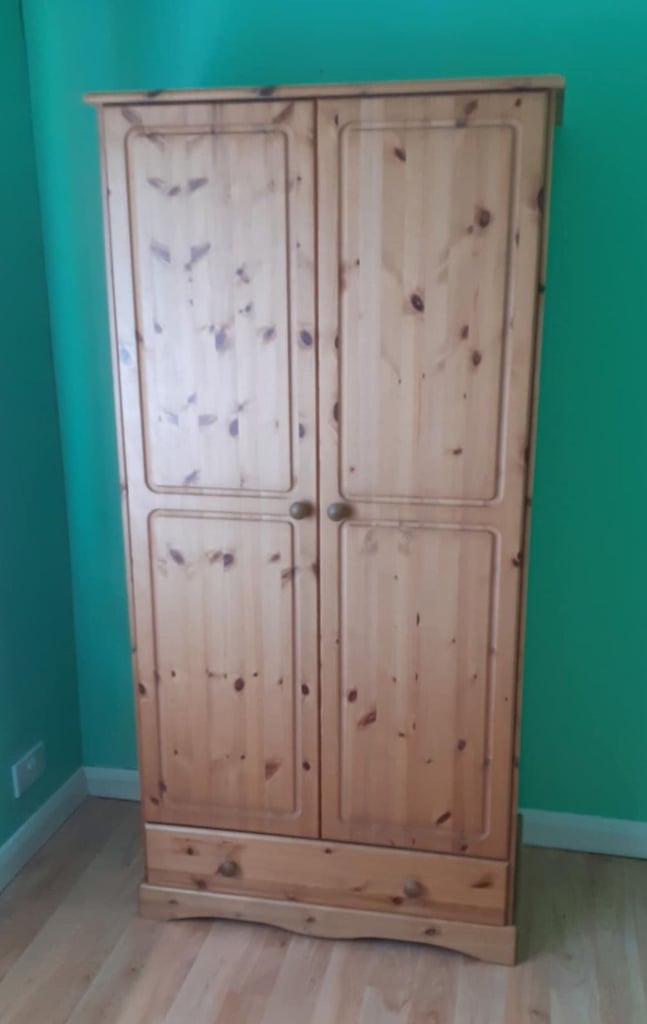 Solid Pine Double Door & Drawer Wardrobe with Mirror