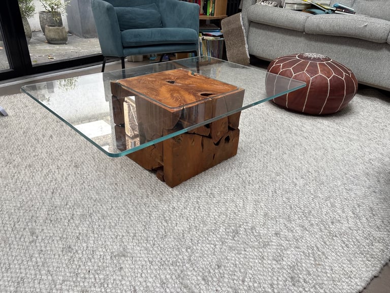 Wood block coffee table with glass tabletop 