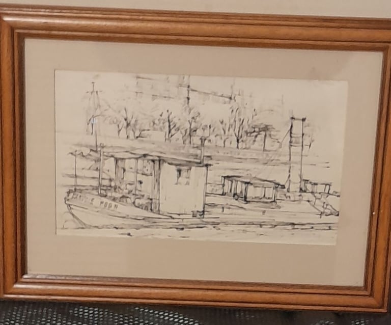 image for Paris 1955 drawing of a boathouse on the Seine