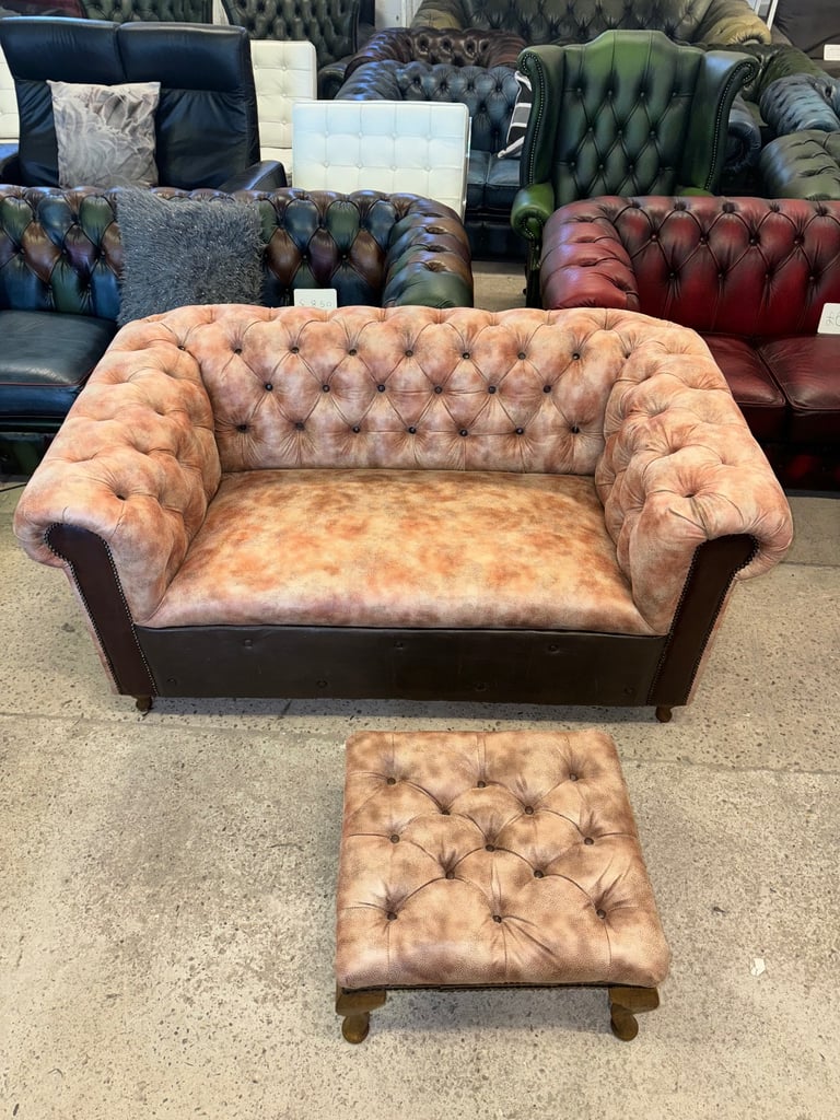 Chesterfield brown leather unique two seater sofa with footstool