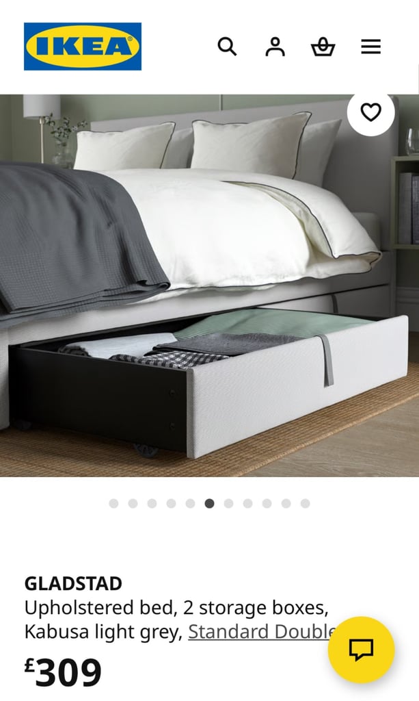  GLADSTAD Upholstered bed, 2 storage boxes, Kabusa light grey, Standard Doub