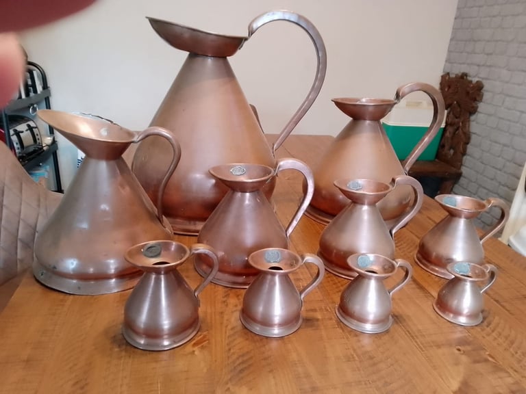 Vintage copper brass measure jug collection