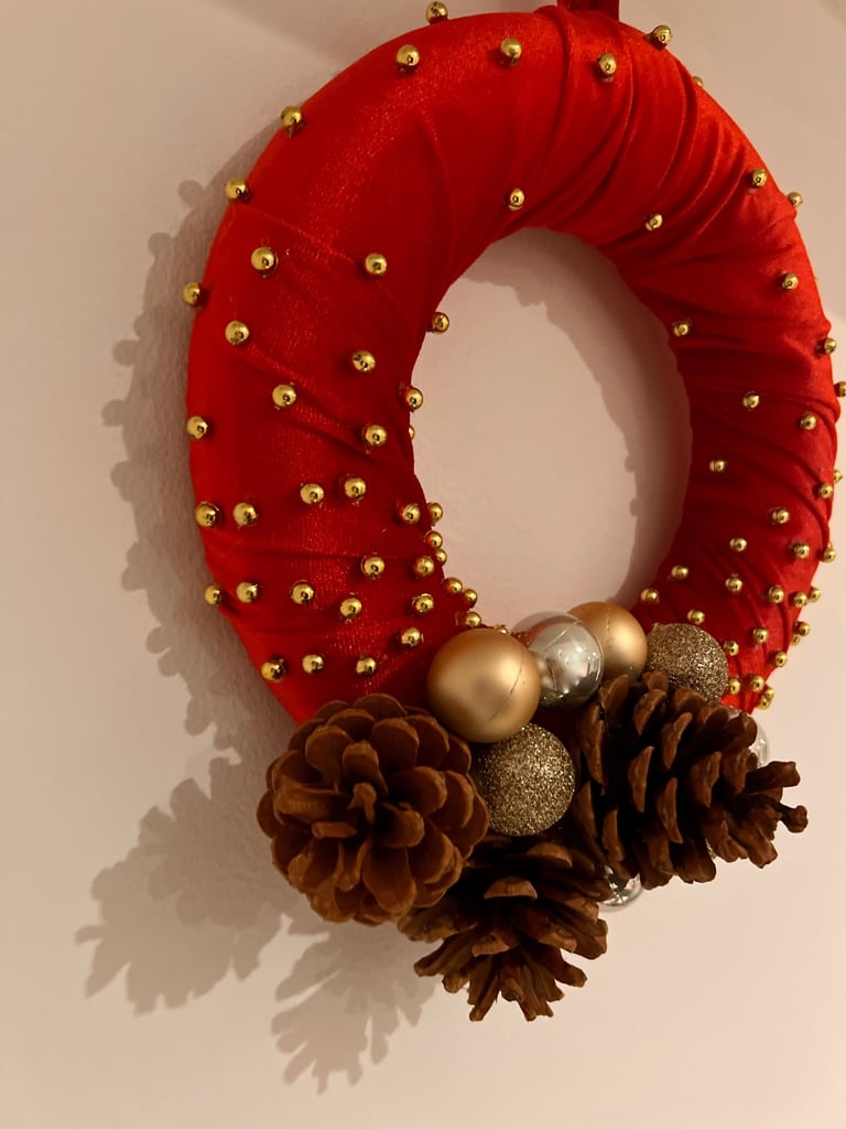 Handmade Christmas Wreath Red Gold Pine Cones 24cm – Festive Door Decoration