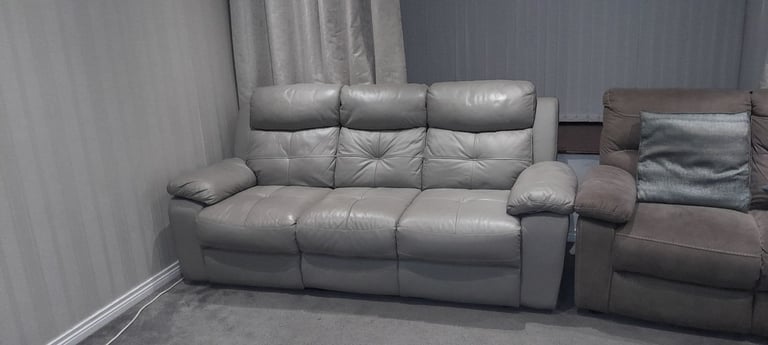 image for Beige grey leather 3 seater sofa
