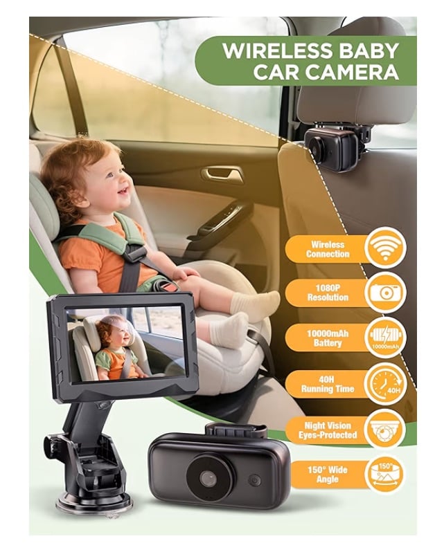 Wireless Baby Car Camera 1080P Night Vision Monitor No WiFi Needed 40H Battery