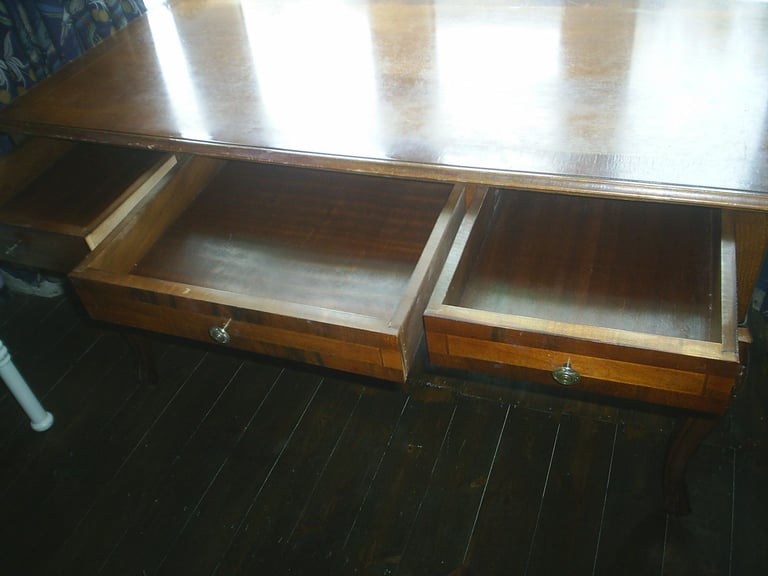 Writing Desk & Chair. Queen Ann Style 5 Drawer Walnut Desk & High Back Padded Chair 