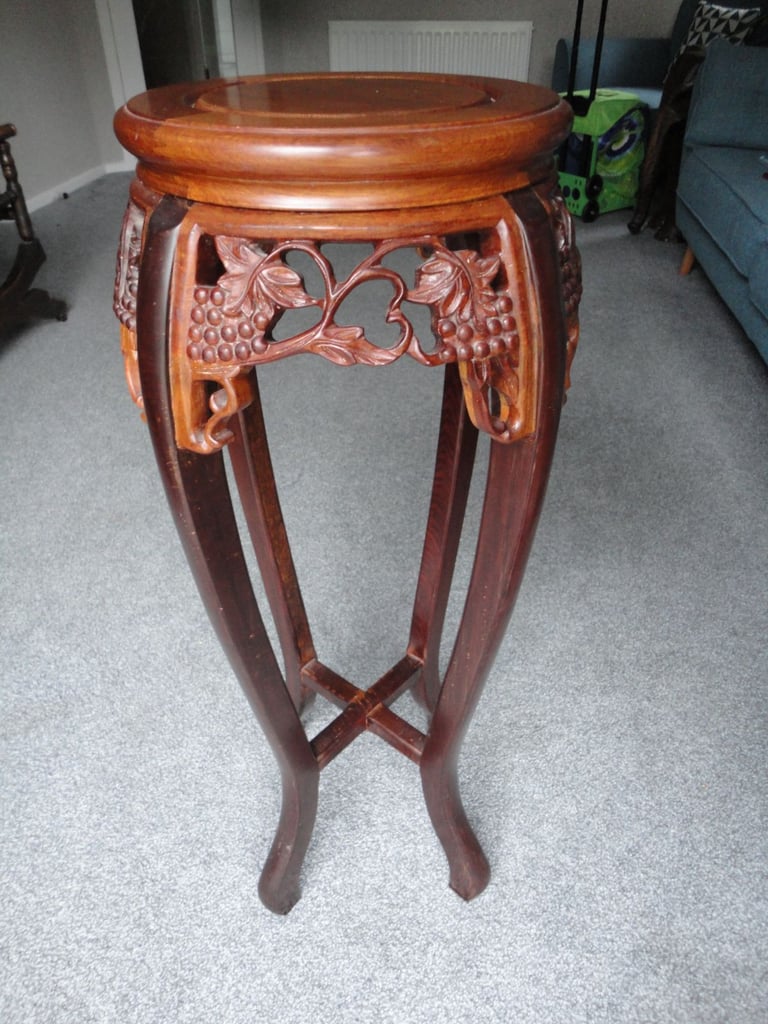 Asian hardwood chinoiserie, hand carved plant pot pedestal table, round wooden top