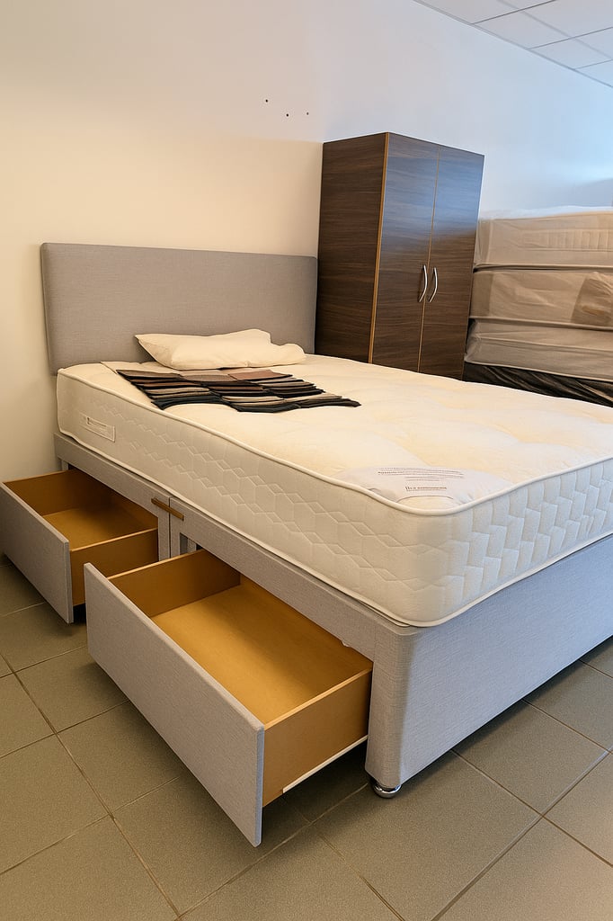 image for Space Saving Divan Bed with Storage Drawers and Upholstered Headboard Included