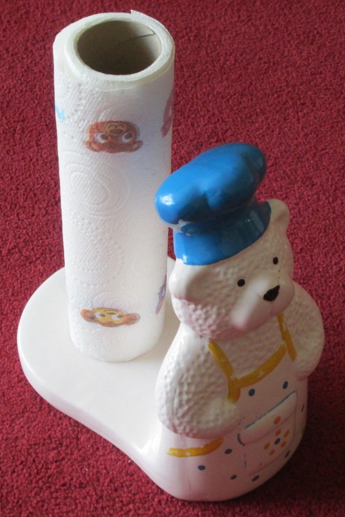 CHINA  - KITCHEN PAPER TOWEL HOLDER, TEDDY BEAR  9.5 HIGH -  CHEFS HAT AND APRON