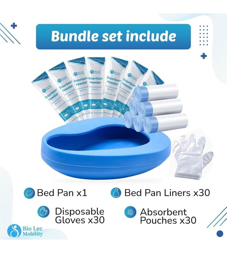 Bed Pan Bundle Set - Includes: x1 Bed Pan, x30 Liners, x30 Disposable Gloves, x30 Absorbent Pouches
