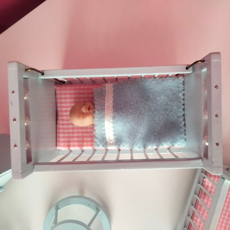 Dolls house blue nursery furniture set including baby head 