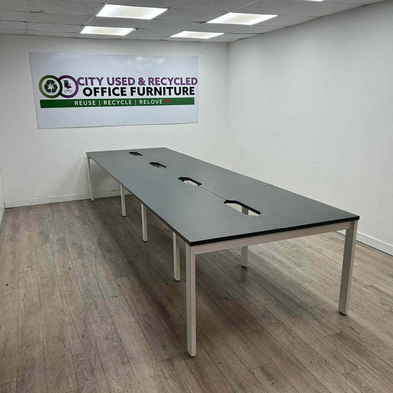 8-Person Bench Desking – Grey/White, Scalloped Tops for Cable Management